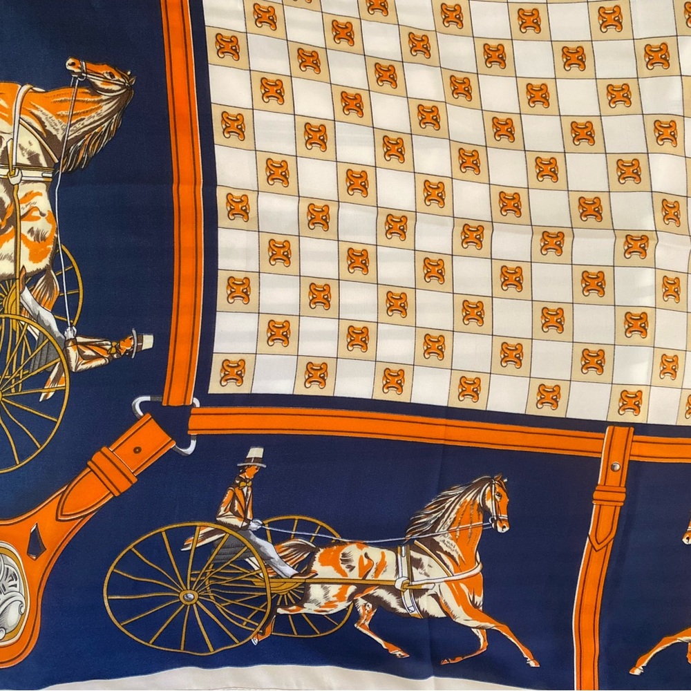Oversized silky Scarf wrap equestrian horse Ralph Lauren look Blue Orange chic